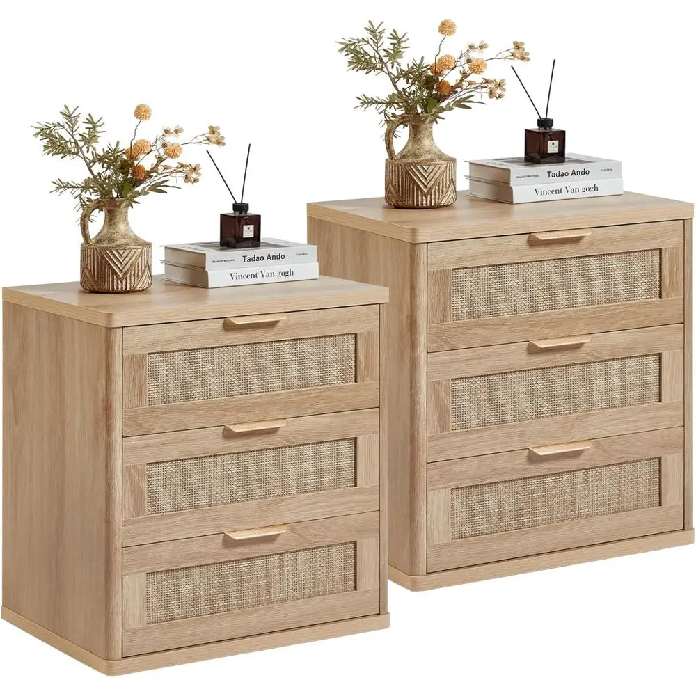 Rattan Night Stand with Drawers, 23" Large 3 Drawer Boho Nightstand, Natural Wood Bedside Table Storage Cabinet, Bed Side End Ta