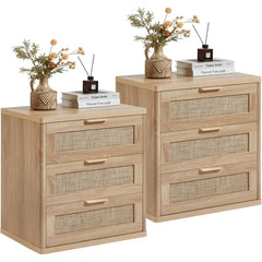 Rattan Night Stand with Drawers, 23" Large 3 Drawer Boho Nightstand, Natural Wood Bedside Table Storage Cabinet, Bed Side End Ta