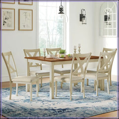7-Piece Farmhouse Dining Table Set for 6, 60" Solid Wood Kitchen Table with 6 Upholstered Chairs, Space-Saving Rustic Set, Cream