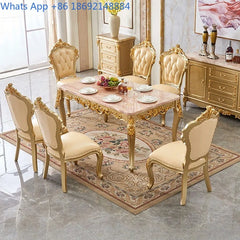 European-style Long Dining Table and Chair Set Solid Wood Square Marble Champagne gold Dining Room Home Luxury High-end Table