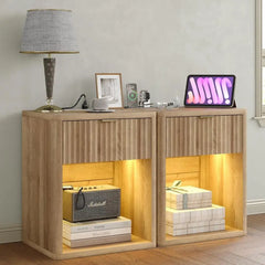 Fluted Night Stand Set of 2 with Charging Station & LED Lights, Modern Bedside Tables with Outlets/USB for Bedroom, Wood Side Ta