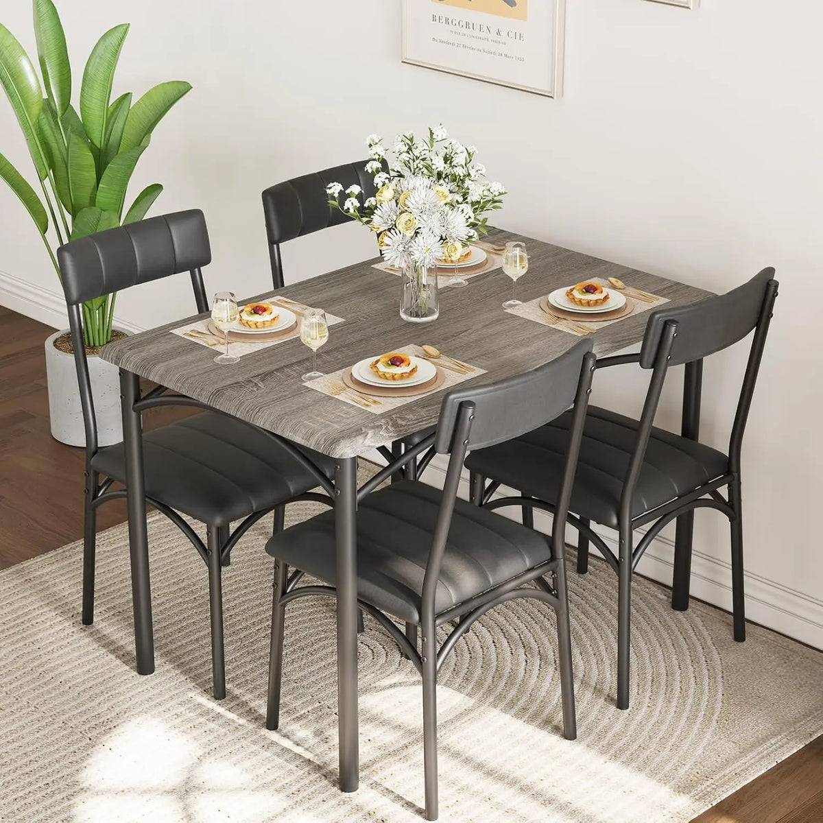 5 Piece Dining Table Set for 4, Modern Wooden Kitchen Table | Space-Saving Rectangular Dining Room Table and Chairs Set with Metal Frame & Upholstered Chairs for Small Space, Grey