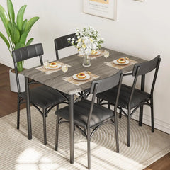 5 Piece Dining Table Set for 4, Modern Wooden Kitchen Table | Space-Saving Rectangular Dining Room Table and Chairs Set with Metal Frame & Upholstered Chairs for Small Space, Grey