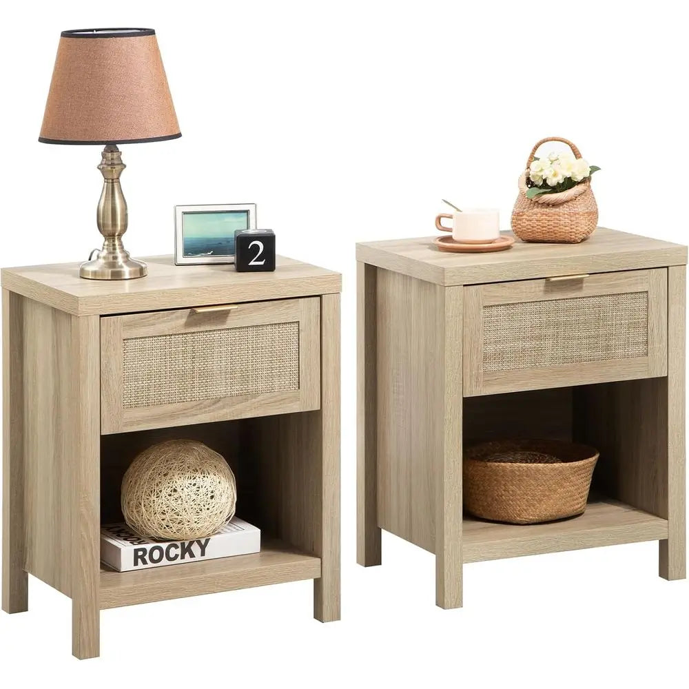 Rattan Nightstands Set of 2, Farmhouse Night Stand Bedside Table with Drawer and Storage Shelf - Boho End Side Table for Bedroom