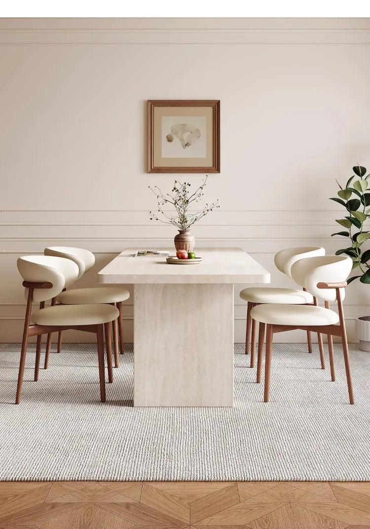 Any Size Custom Mid Century Retro Travertine Dining Set Solid Wood Upholstered Chairs Stable Load Family Home Dining Furniture