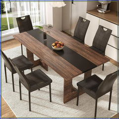 7Pc Dining Table Set 71in Rectangular Kitchen Table 6 Chairs Brown